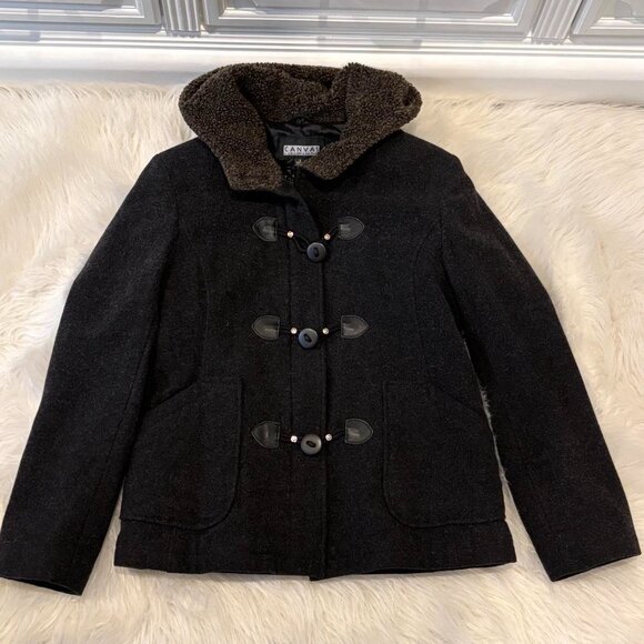 Women's Small wool-blend hooded charcoal gray peacoat w/ toggle buttons - Picture 3 of 11